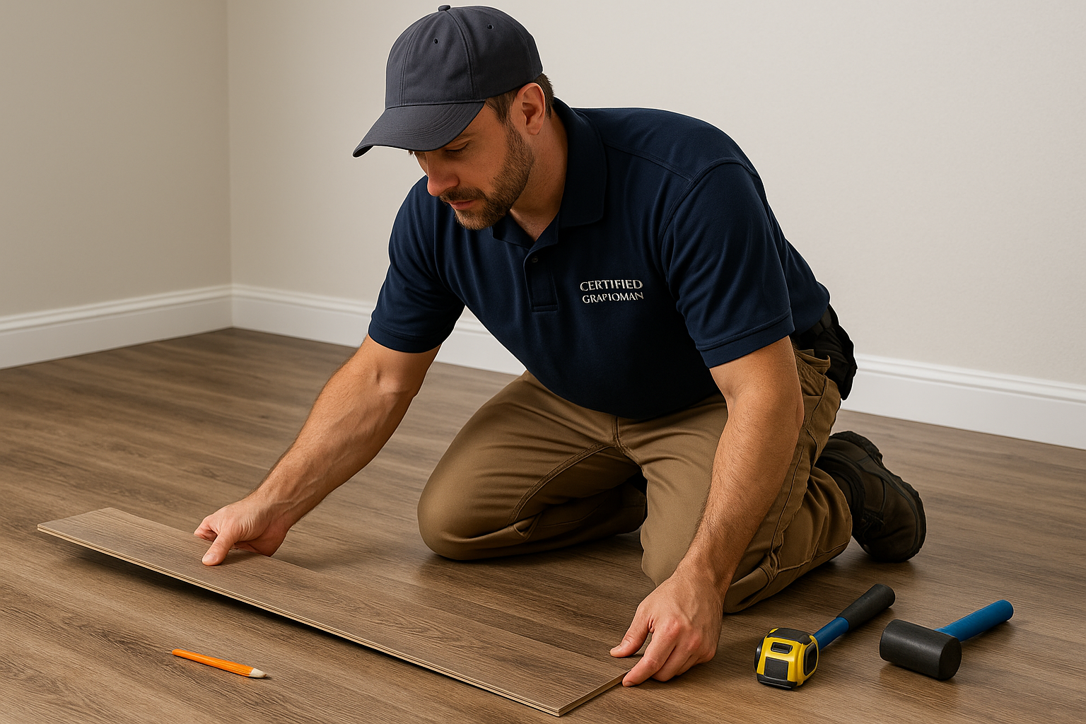 Certified flooring installer measuring and preparing a floor compared to handyman shortcuts.
